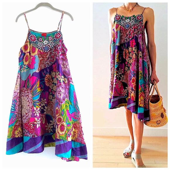 K Derhy Embroidered Floral Boho Cotton Dress - Picture 1 of 13